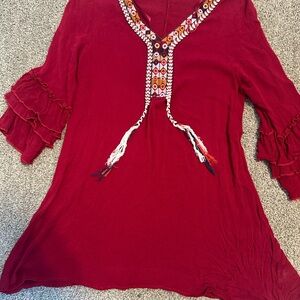 Easel Red Embroidered Tunic Top
